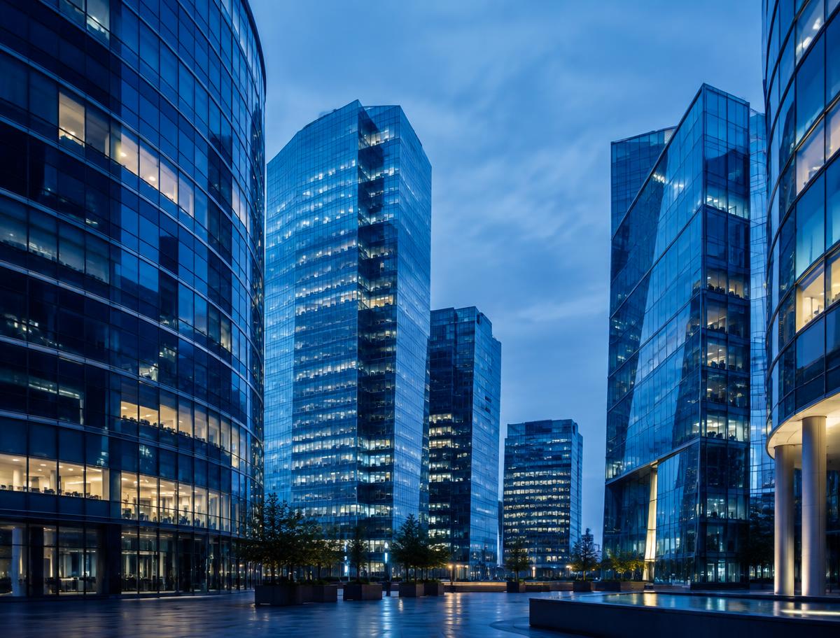 Modern glass office towers in a European financial district at dusk